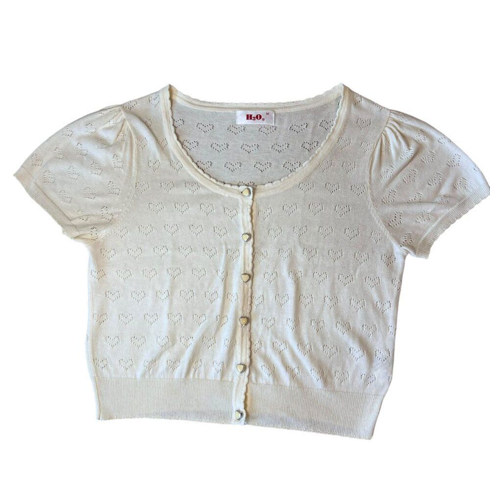 H20 Short Sleeve Cardigan Hearts Women‎ Sz Medium Ivory Crop Love Japan Preppy